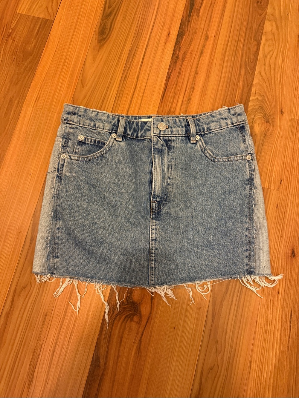Mango Light Blue Denim Mini Skirt with Frayed Hem